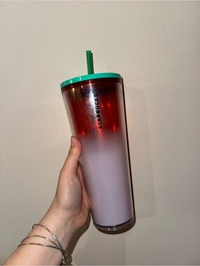 Starbucks Red-to-White Ombre Tumbler with Teal Lid and Green Straw